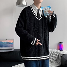 流行青少年潮长袖休闲简约常规秋季套头撞色条纹V领冬季M76，男装针织衫/毛衣，星座506