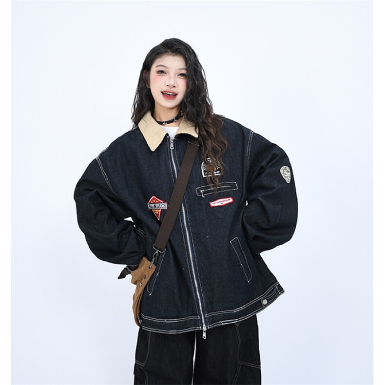 J9901-P78新款美式宽松刺绣机车翻领夹克牛仔外套图片