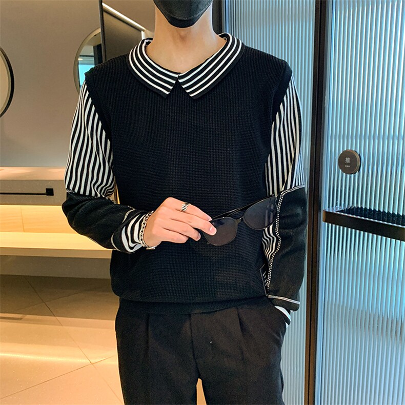 秋冬季节新款拼接条纹假两件衬衫男士时尚潮流毛衣MY0847-P55图片