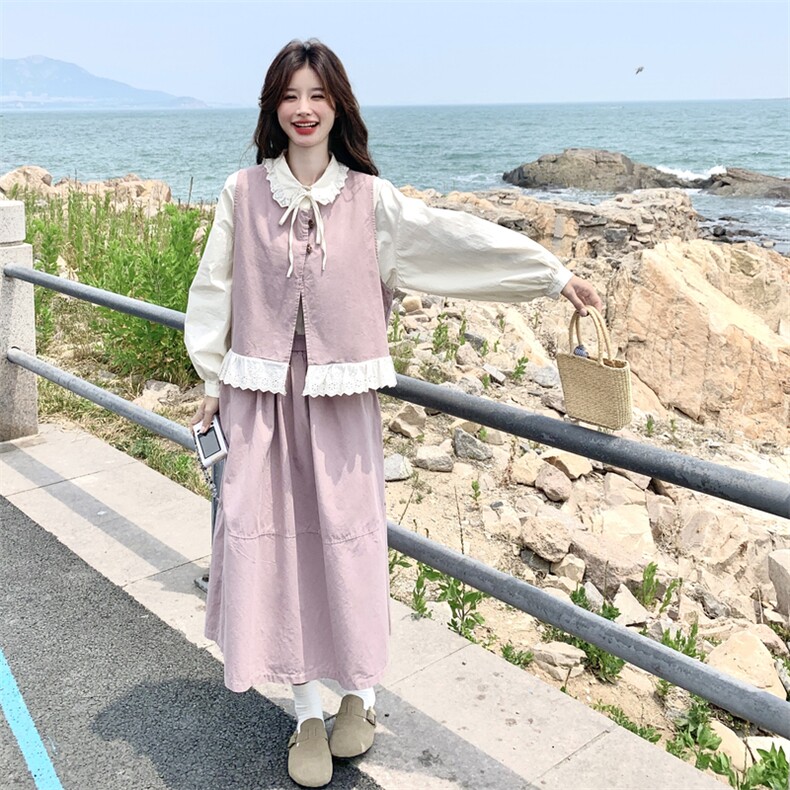 文艺风穿搭粉色马甲套装女春秋2025超火好看高级感半身长裙三件套,女装套装/套裙,2C056