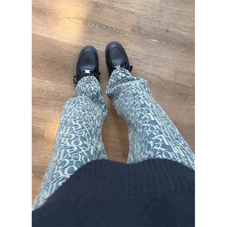 字母满印提花牛仔裤男款美式复古高街痞帅直筒微喇裤N23，男装牛仔裤，星座1116A（原606A-3）