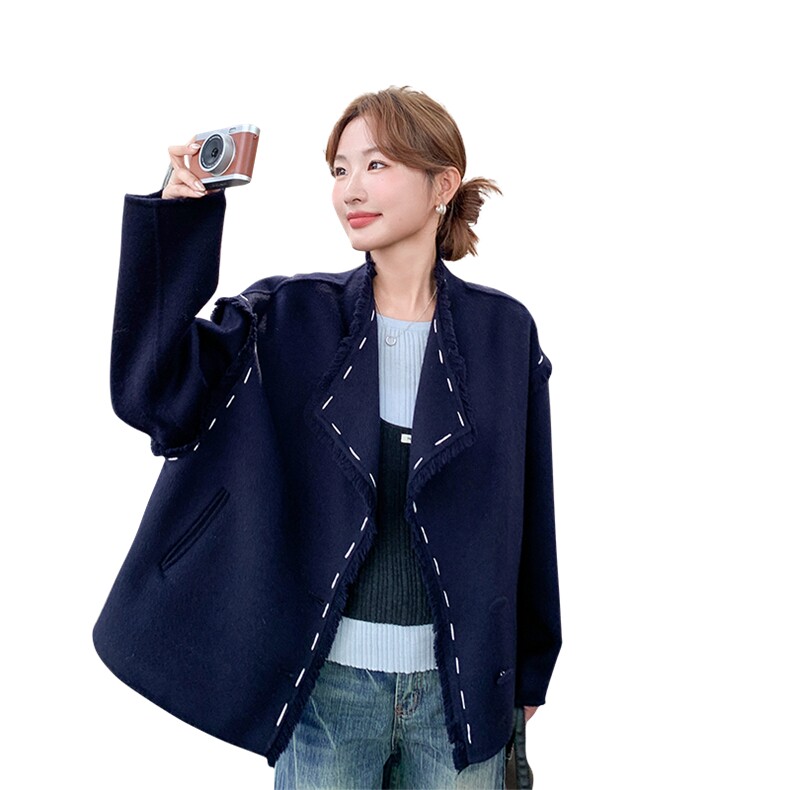 藏青色流苏双面呢羊毛外套女冬季2025新款小个子独特漂亮流行大衣,女装毛呢外套,1D066-1