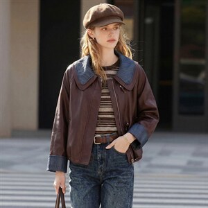 【春季女装新款】大量现货时尚相拼短款皮衣外套，女装皮衣，缘衣格