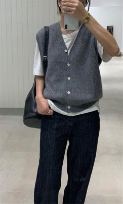 羊绒背心马甲针织开衫女v领宽松日系秋季叠穿羊毛坎肩马夹外搭,女装马甲,洁纯羊绒