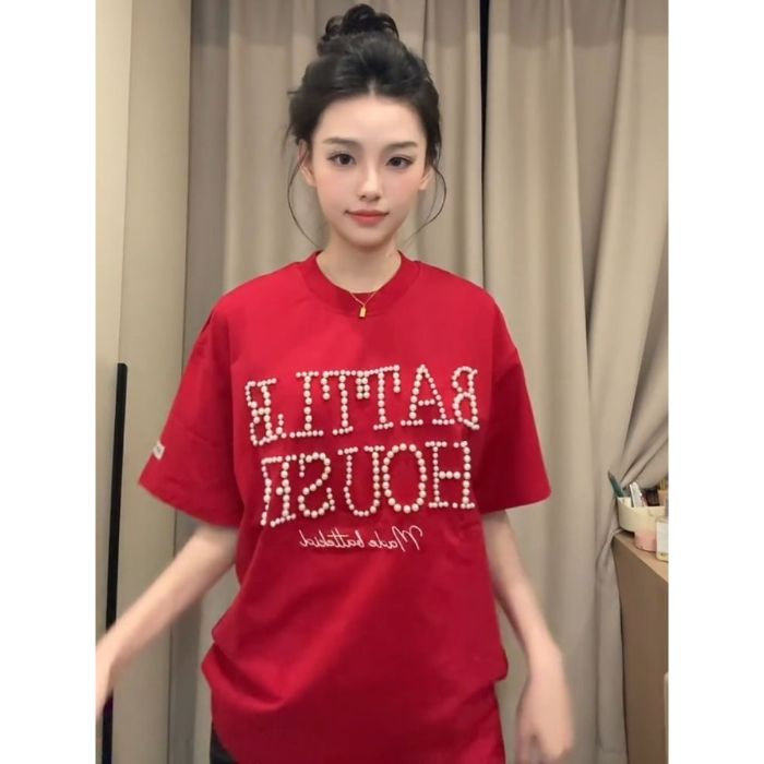 H0591-P40原版钉珠包边拉肩短袖t恤女图片