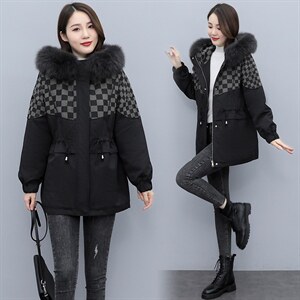 2021年冬季连帽时尚抽绳欧版保暖加绒加厚派克服棉服棉衣中长款,果粒色连衣裙搭配图片