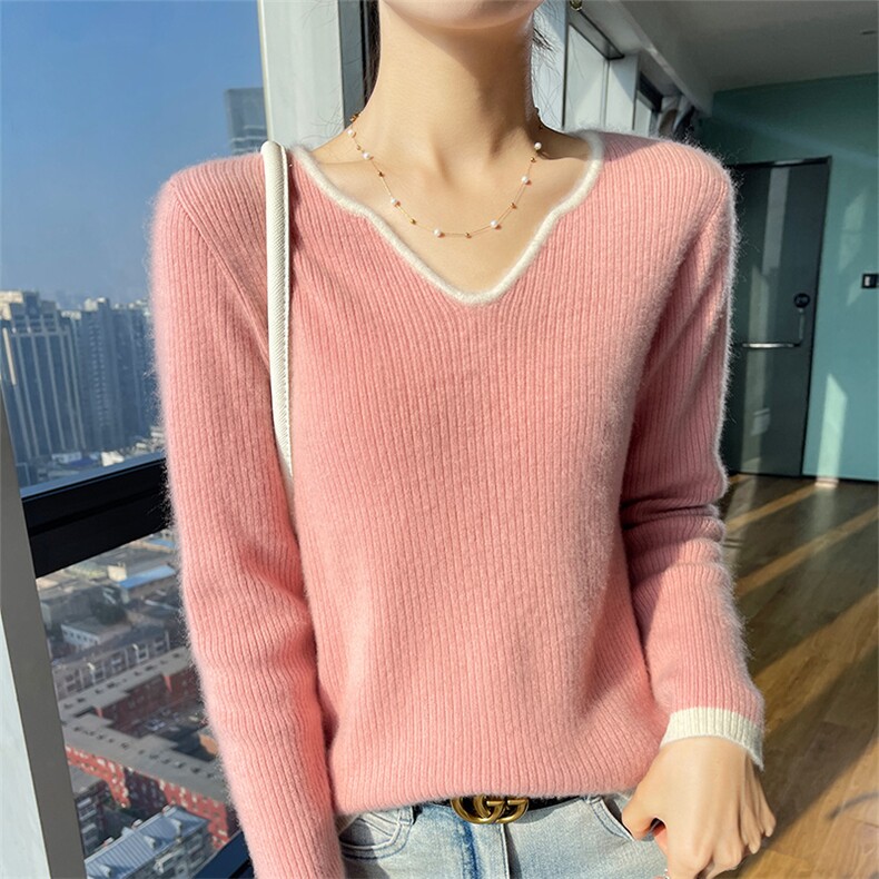 秋冬新款V领撞色100%纯羊毛衫长袖毛衣女抽条宽松羊绒针织打底衫,女装羊毛衫,宇灿羊绒