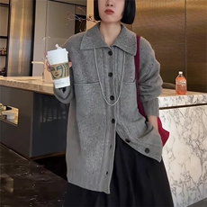 秋冬新款纯色针织翻领单排扣开衫时尚百搭，女装针织衫/毛衣，泰沅羊绒