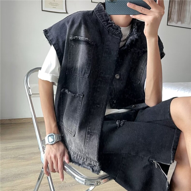 档口有货毛边牛仔马甲男网红复古做旧水洗高级外套8608P50，女装短外套，星座410-2