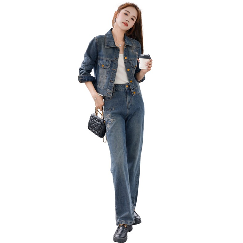 欧洲站牛仔套装女2024春秋新款爆款网红炸街休闲时尚阔腿裤两件套,女装套装/套裙,纯色衣恋