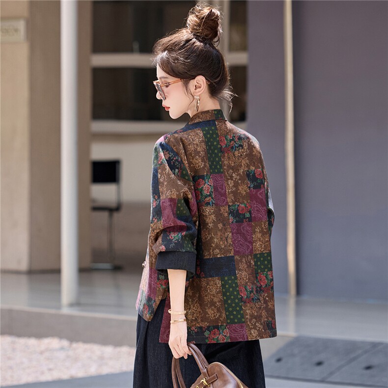 新中式国风盘扣短外套女2025秋季新款复古印花高级感气质减龄上衣,女装短外套,众宇琦