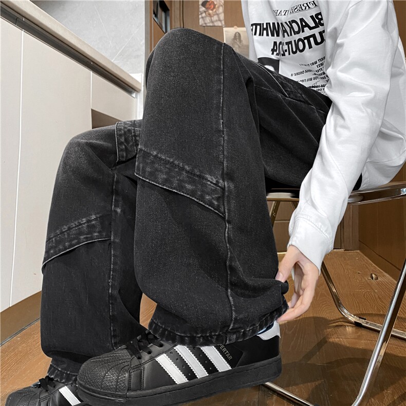 美式秋季新款复古高街拼接宽松直筒牛仔裤B315-K24277-p55控78,男装牛仔裤,电商B315