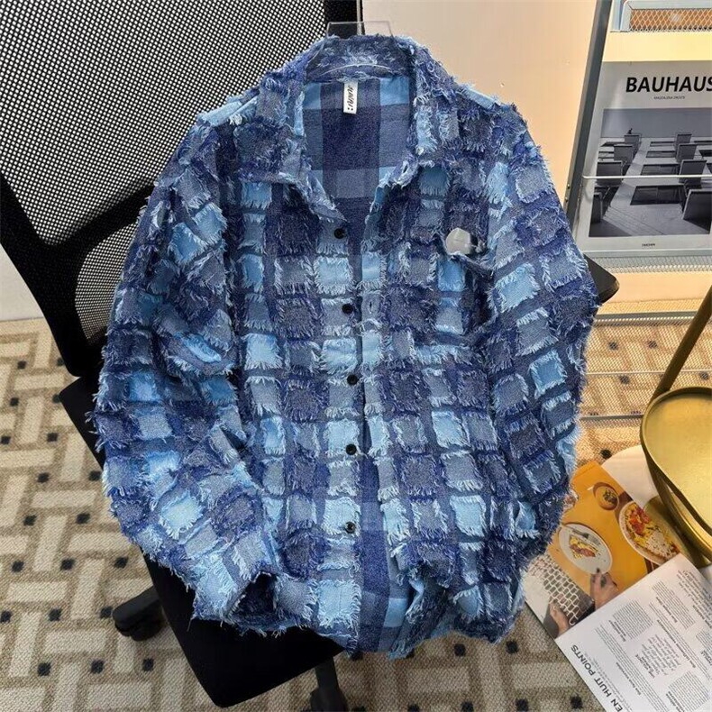 小香风流苏格子衬衫男春夏高级感痞帅潮牌上衣情侣复古休闲薄外套,男装衬衫,星座1013