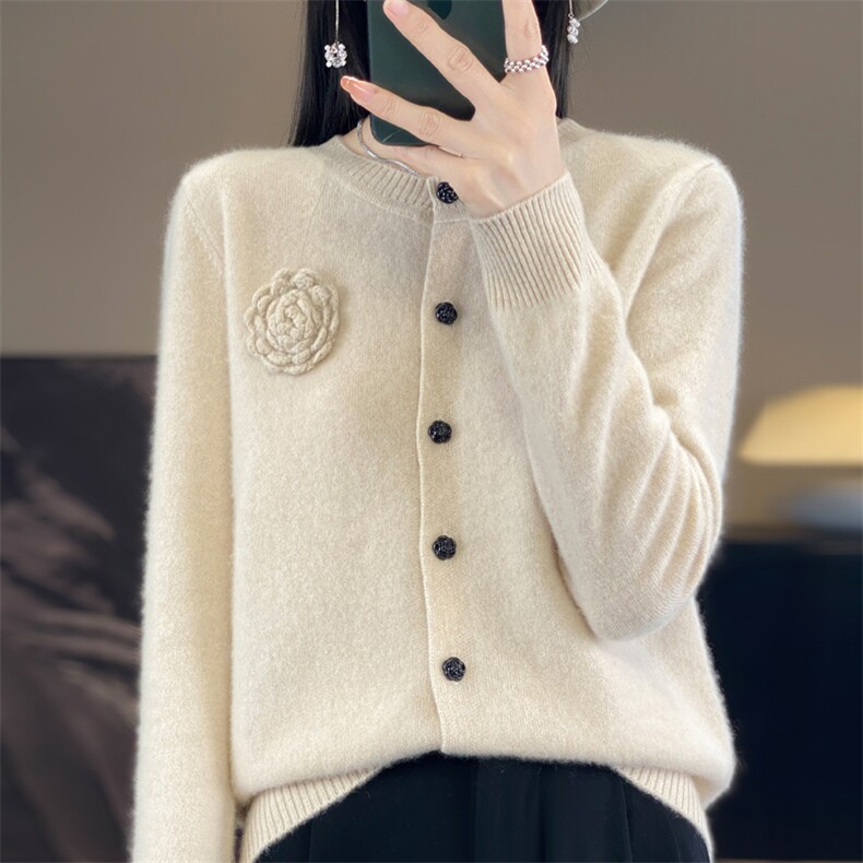 女士羊毛开衫纯色圆领休闲时尚2024年秋季玫瑰花针织衫,女装羊毛衫,暖娇绒