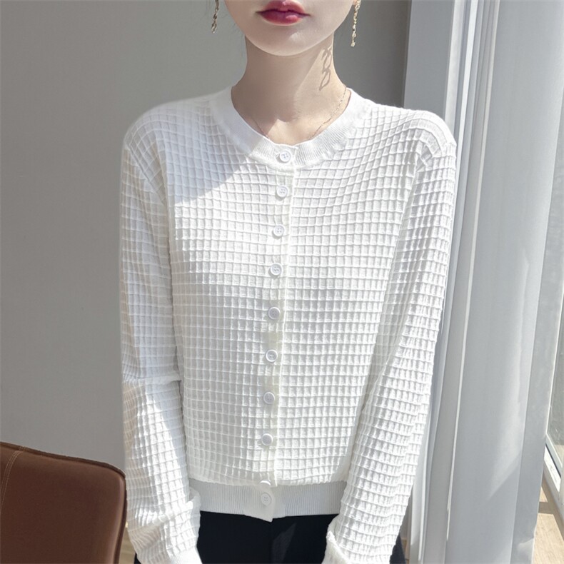 春秋圆领精纺羊毛针织开衫女宽松华夫格长袖毛衣外套百搭叠针上衣，女装针织衫/毛衣，凯思米羊绒