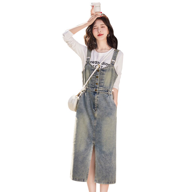 欧货牛仔背带裙女2024年春秋新款休闲气质时尚洋气减龄开叉连衣裙,女装套装/套裙,慧尚依恋