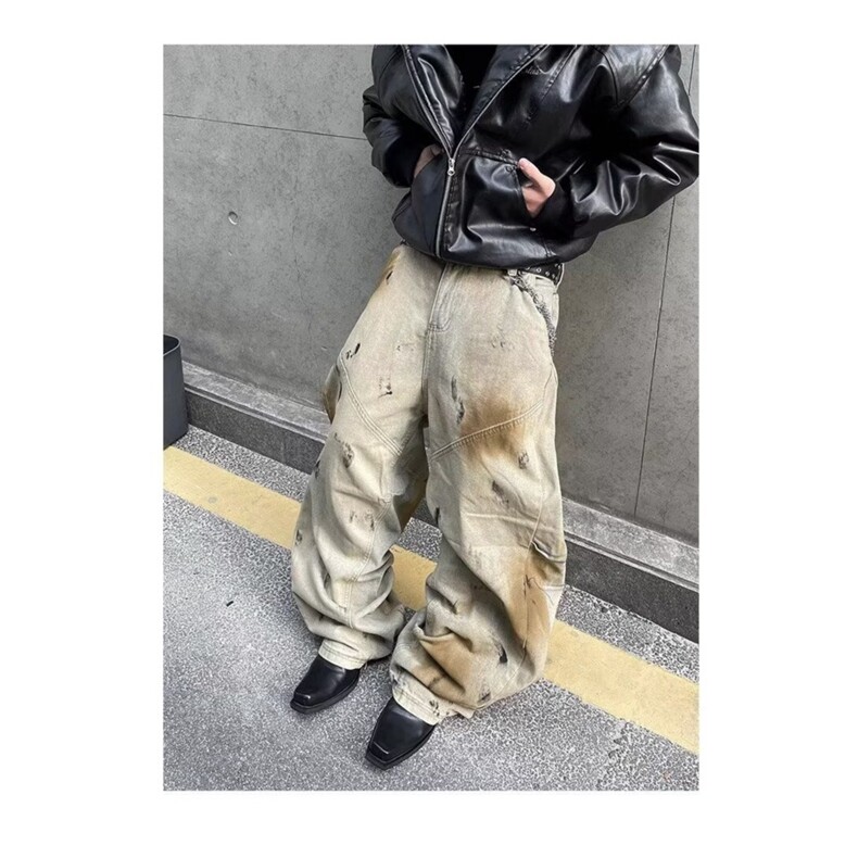 美式街头黄泥染脏洗阔腿弯刀牛仔裤男女水洗做旧小众宽松休闲裤潮,男装牛仔裤,星座506A
