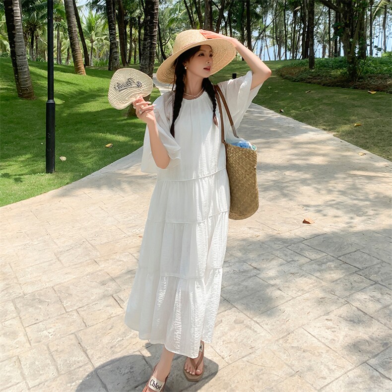 初恋裙白月光连衣裙女2025夏季新款法式温柔风褶皱收腰中长款短袖,女装连衣裙,浙宝276（原081）
