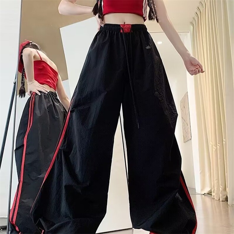美式撞色条纹速干工装女夏季薄款伞兵宽松拖地裤阔腿运动休闲裤子图片