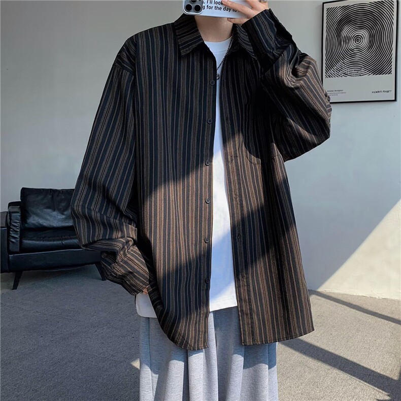 日系复古撞色条纹长袖衬衫男女中性风宽松工装衬衣潮CY1027-P45,男装衬衫,星座412-2