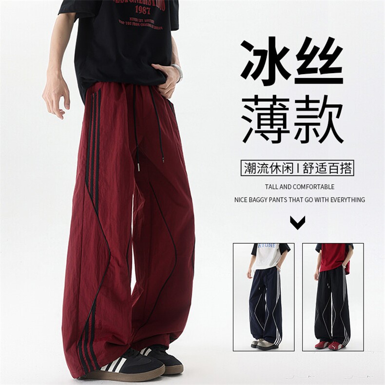 美式高街条纹裤子男夏季冰丝宽松冲锋户外工装伞兵阔腿裤KZ047P55图片