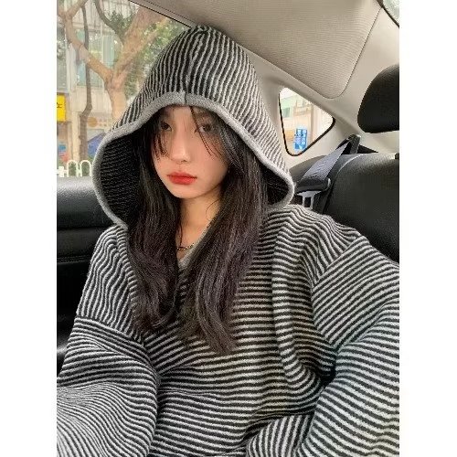 欧洲站时尚条纹针织衫女2025春装新款连帽设计长袖宽松中长款毛衣,男装针织衫/毛衣,星座1210-1