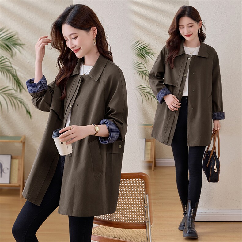 现货。中长款收腰风衣女显瘦2025秋季时尚袖口拼格春秋外套，女装风衣，依万里