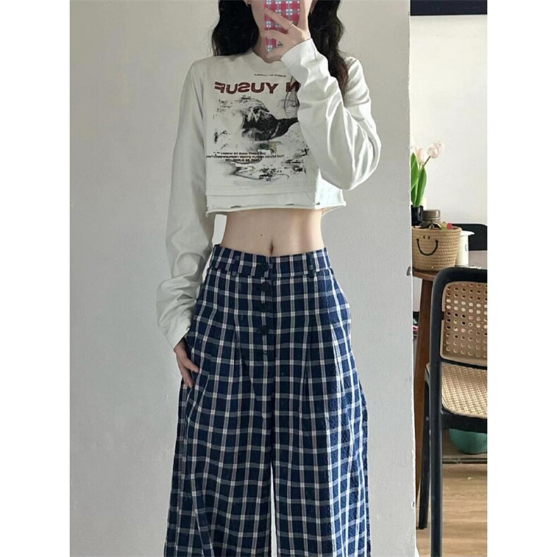 AK2481-P50慵懒松弛感穿搭设计感小众翻腰蓝色格子裤女,女装休闲裤,星座617A-2