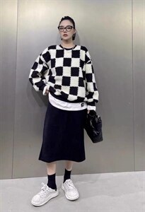 冬季新款 棋盘格羊羔毛假两件 宽松卫衣图片