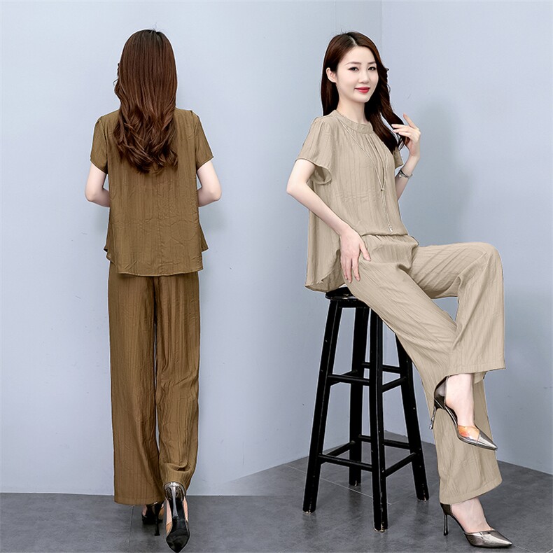 薄款冰丝套装女2025夏新款时尚大码阔腿裤洋气减龄显瘦遮肉两件套，女装套装/套裙，梦依杭