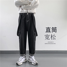 潮背带工装裤韩版宽松直筒坠感裤百搭吊带牛仔裤现货K1106-P42，男装休闲裤，星座512-4