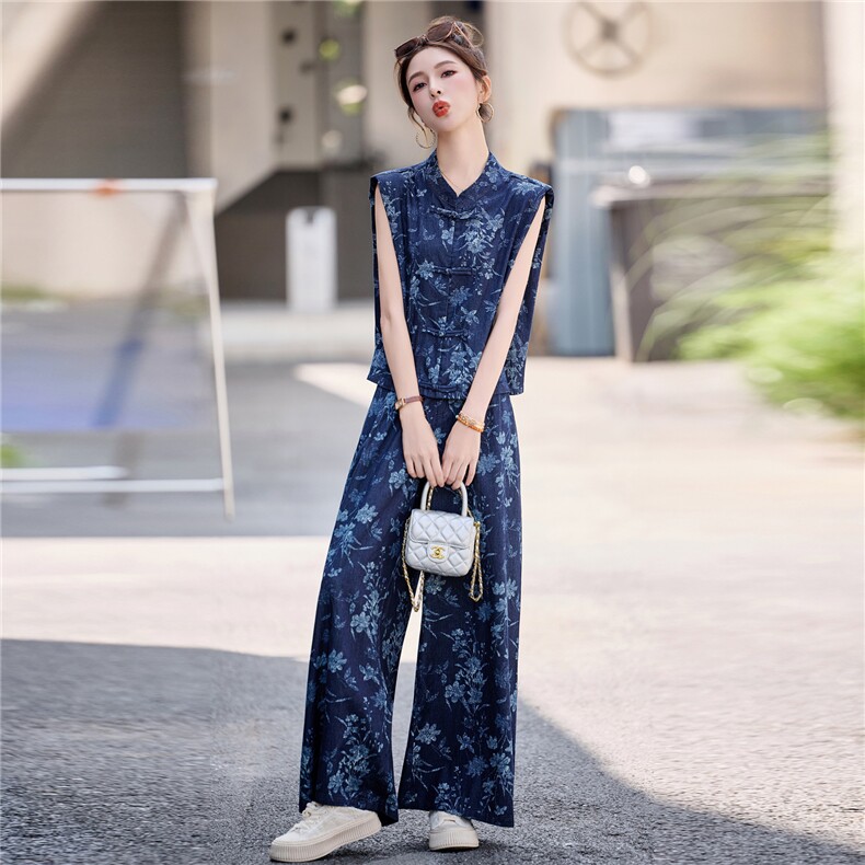 新中式国风印花套装女2025夏季新款时尚盘扣无袖上衣阔腿裤两件套,女装套装/套裙,韩宇舍