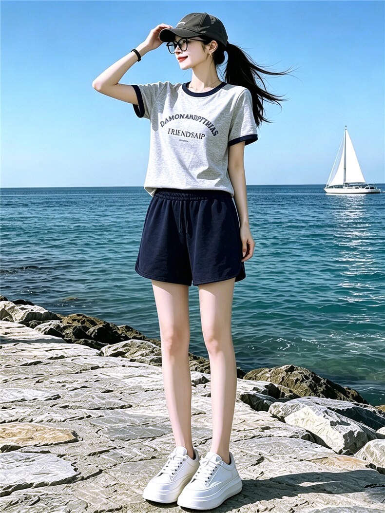 休闲时尚运动套装女夏新款圆领字母印花短袖上衣蓝色短裤两件套潮,女装套装/套裙,江南