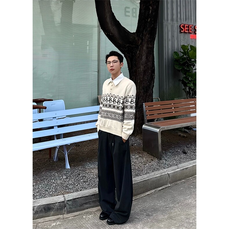 重磅秋冬装北极绒套头毛衣美式复古休闲慵懒风提花工艺针织衫外套,男装针织衫/毛衣,电商A486-1
