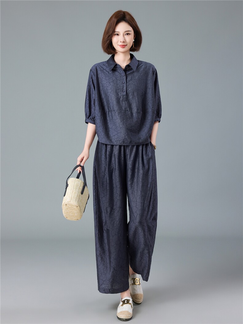 现货2026夏季新款宽松大码洋气减龄莱赛尔提花衬衫套装两件套,女装套装/套裙,深水步