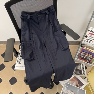 美式高街痞帅褶皱拼接线条大口袋工装裤男女宽松直筒长裤 U28-P45图片