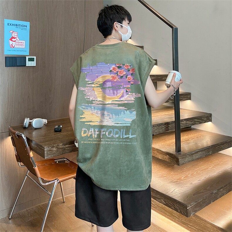 直播美式麂皮绒宽松背心无袖t恤短裤大码两件套套装TZ70-P58,男装T恤,电商A486