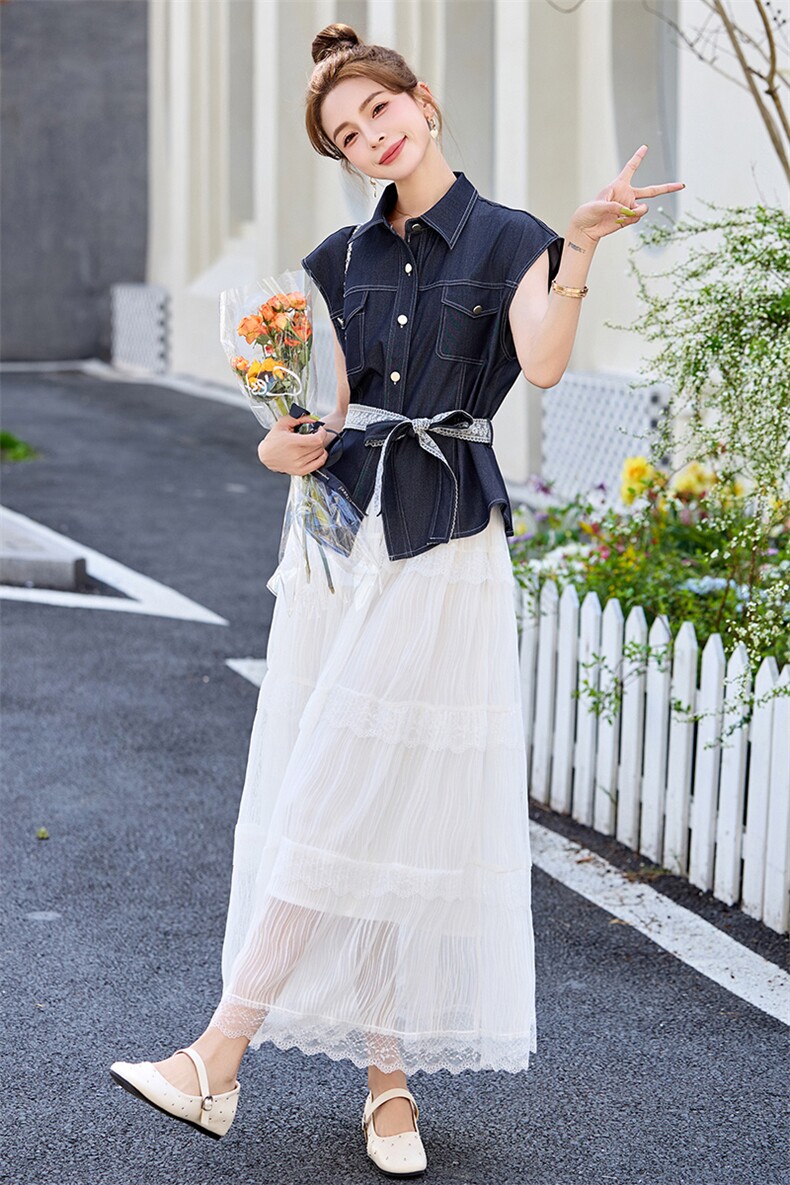 现货新款韩版宽松遮肚显瘦仙仙裙牛仔上衣两件套,女装套装/套裙,韩美纤衣
