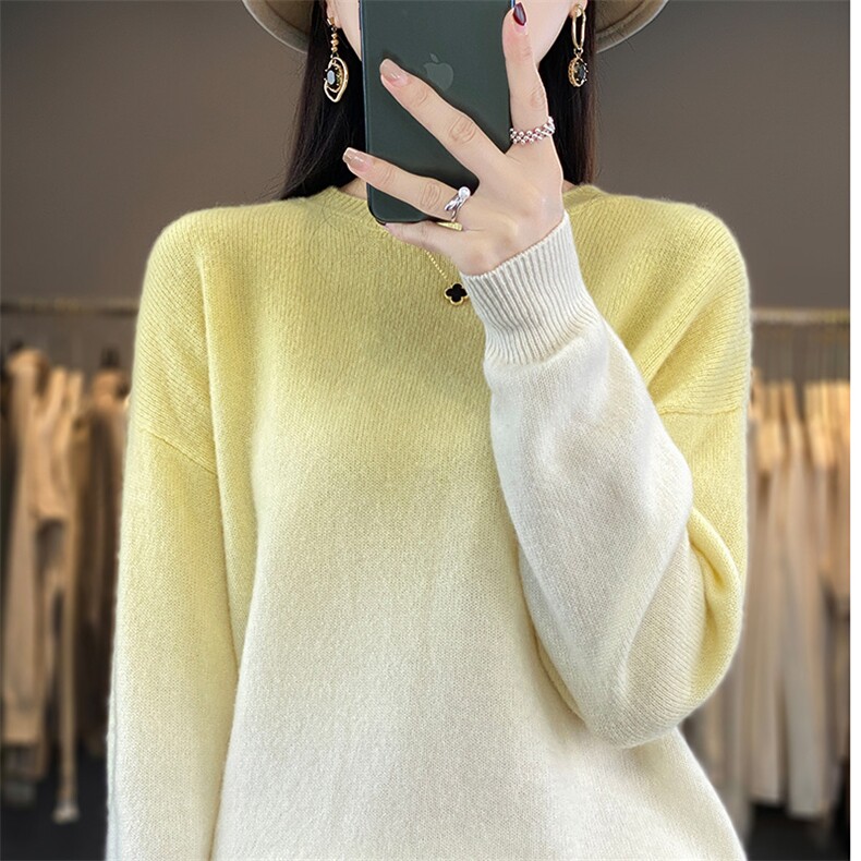秋冬新款100%纯羊毛衫女圆领渐变色羊绒衫套头针织衫慵懒宽松毛衣图片