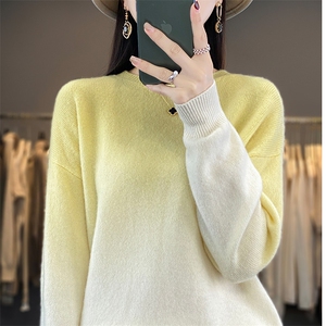 秋冬新款100%纯羊毛衫女圆领渐变色羊绒衫套头针织衫慵懒宽松毛衣图片