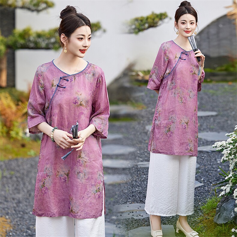 中长款棉麻旗袍+裤两件套装女夏新款印花盘扣高端套装上衣显瘦，女装套装/套裙，衣之秀
