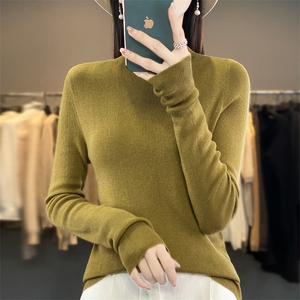 春秋新款半高领超细精纺羊毛衫女坑条纯色长袖针织毛衣宽松打底衫图片