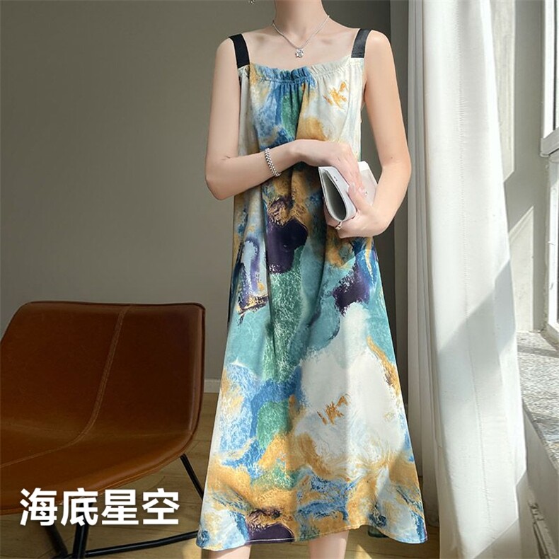轻奢宽松长裙印花吊带女款夏季缎料无袖气质时尚外穿连衣裙潮,女装连衣裙,思沃羊绒
