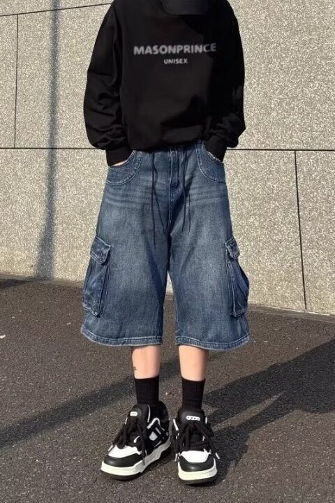 多口袋牛仔短裤男款夏季美式高街工装七分裤百搭宽松阔腿中裤子男,男装牛仔裤,星座218-1（原230）
