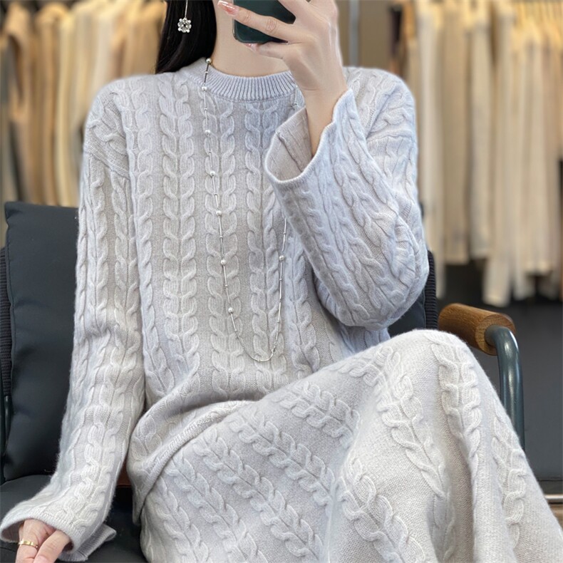 100%纯羊毛衫半身裙两件套女圆领扭花长袖毛衣裙宽松羊绒衫套装裙,女装套装/套裙,鹿一羊绒