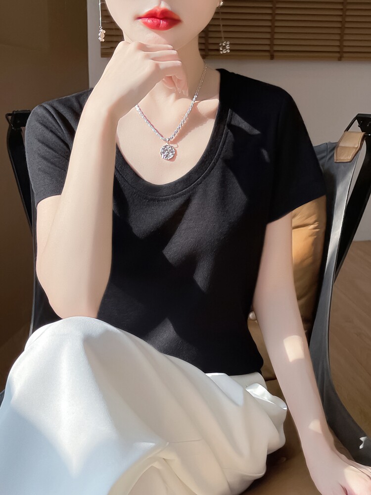 U领新款针织女短袖纯色简约百搭宽松套头,针织衫/毛衣,绒宛羊绒