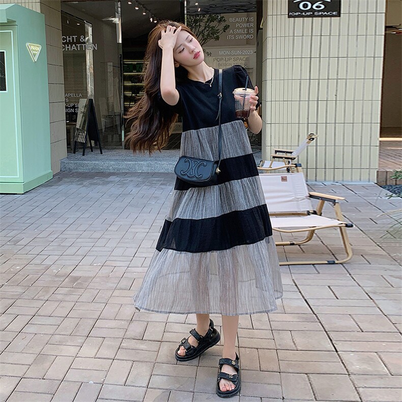 黑色拼接网纱连衣裙女2025夏季新款法式高级感宽松遮肉显瘦T恤裙,女装连衣裙,2C029