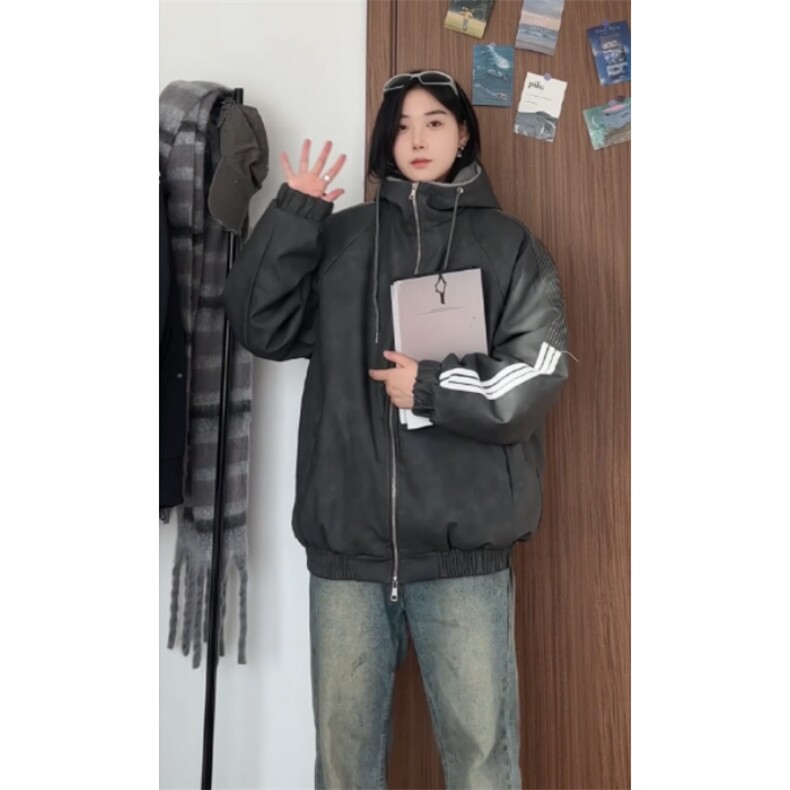 数据美式连帽百搭美拉德三条杠皮衣羊羔绒内胆MF1012P100,男装皮衣,电商A128