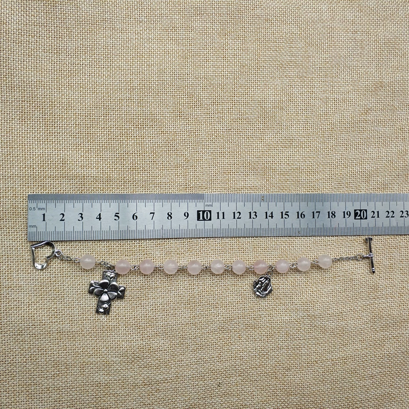 [简约时尚爱心十字架吊坠百搭手链 Rosary beads 水晶粉晶珠]