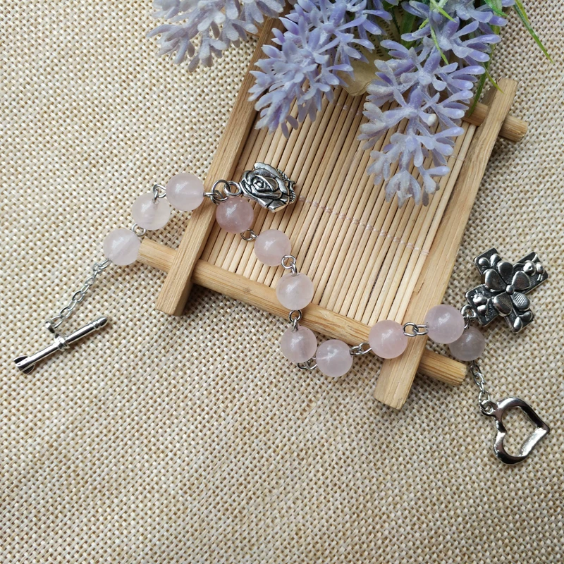 [简约时尚爱心十字架吊坠百搭手链 Rosary beads 水晶粉晶珠]
